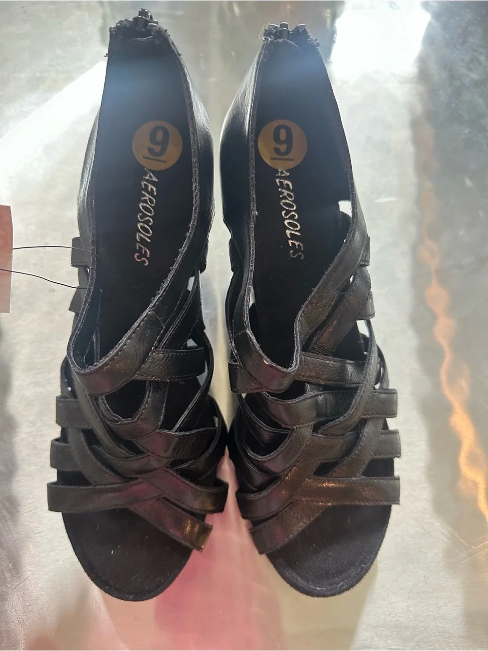 NWOT AEROSOLES Black Woven Peep-Toe Wedge Sandals size 9 ultra comfortable